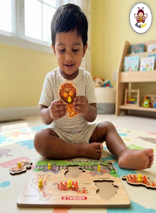 BuGBee Wooden Wild Animals Peg Puzzle for Kids | Animal Learning Board with Easy Grip Knobs | Educational Wooden Puzzle Toy for Toddlers 2 3 4 5+ Years - Image 2